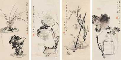 刘锡玲 丙午（1886年）作 花卉 四屏